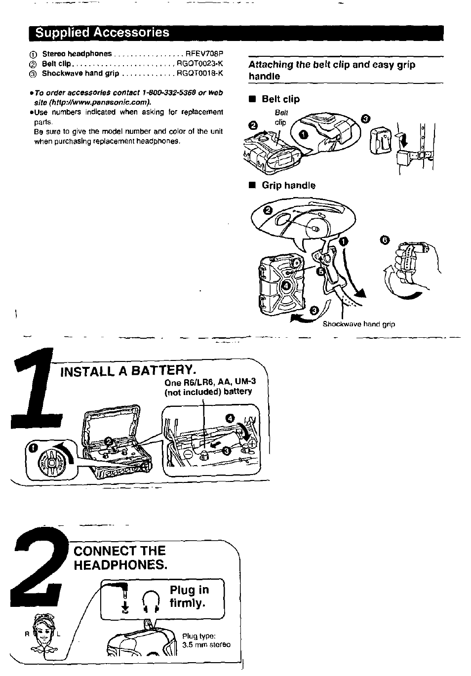 Supplied accessories, Install a battery, Connect the headphones | Panasonic RQ-SW33V User Manual | Page 2 / 6