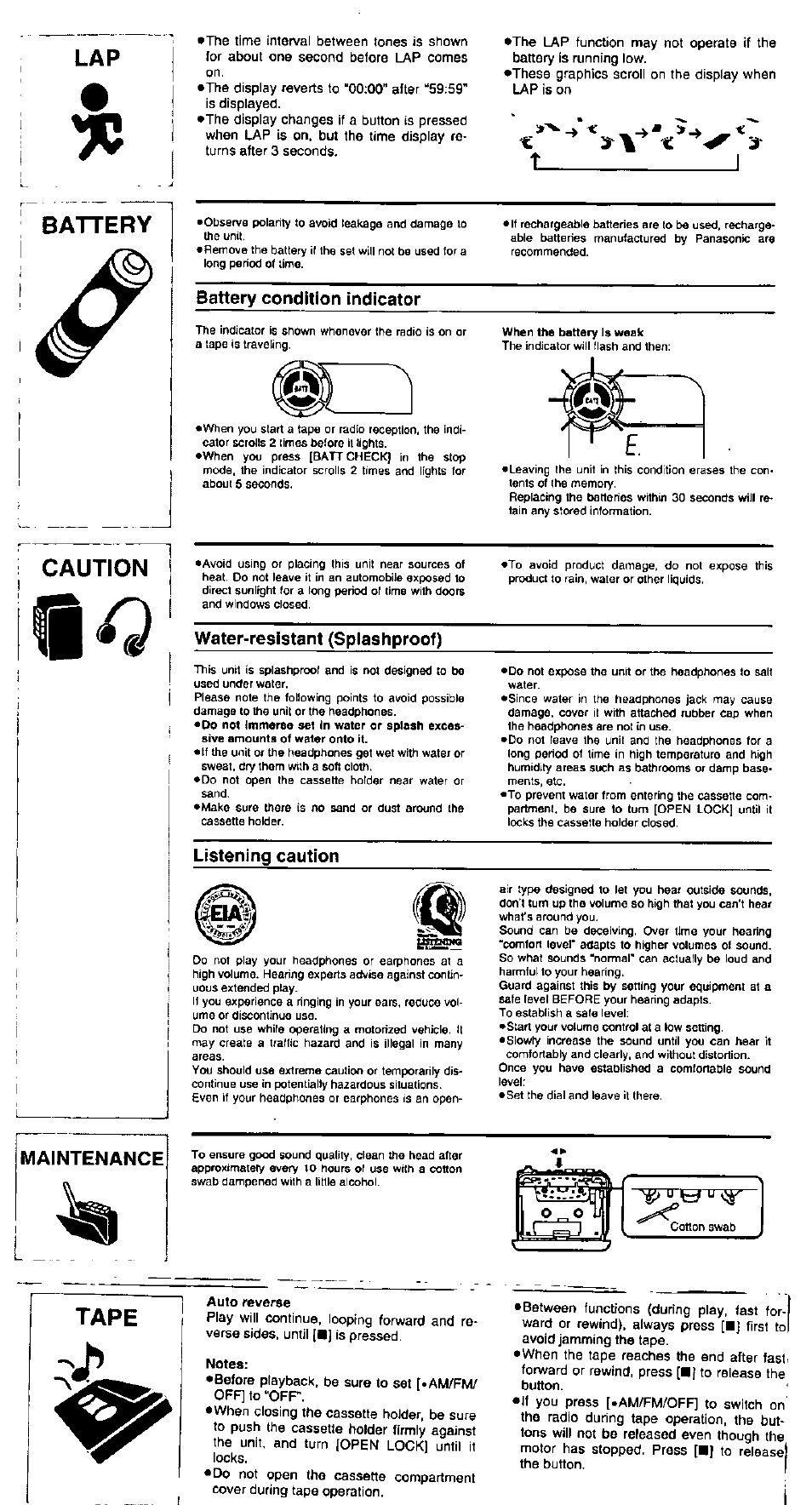 Maintenance, Battery caution, Tape | Battery condition indicator, Water-resistant (splashproof), Listening caution | Panasonic RQ-SW33V User Manual | Page 5 / 6