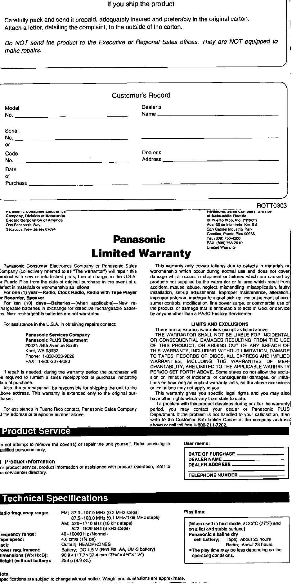 Ervice, Technical specifications, Panasonic limited warranty | If you ship the product, Customer’s record, Rqtt0303 | Panasonic RQ-SW33V User Manual | Page 6 / 6