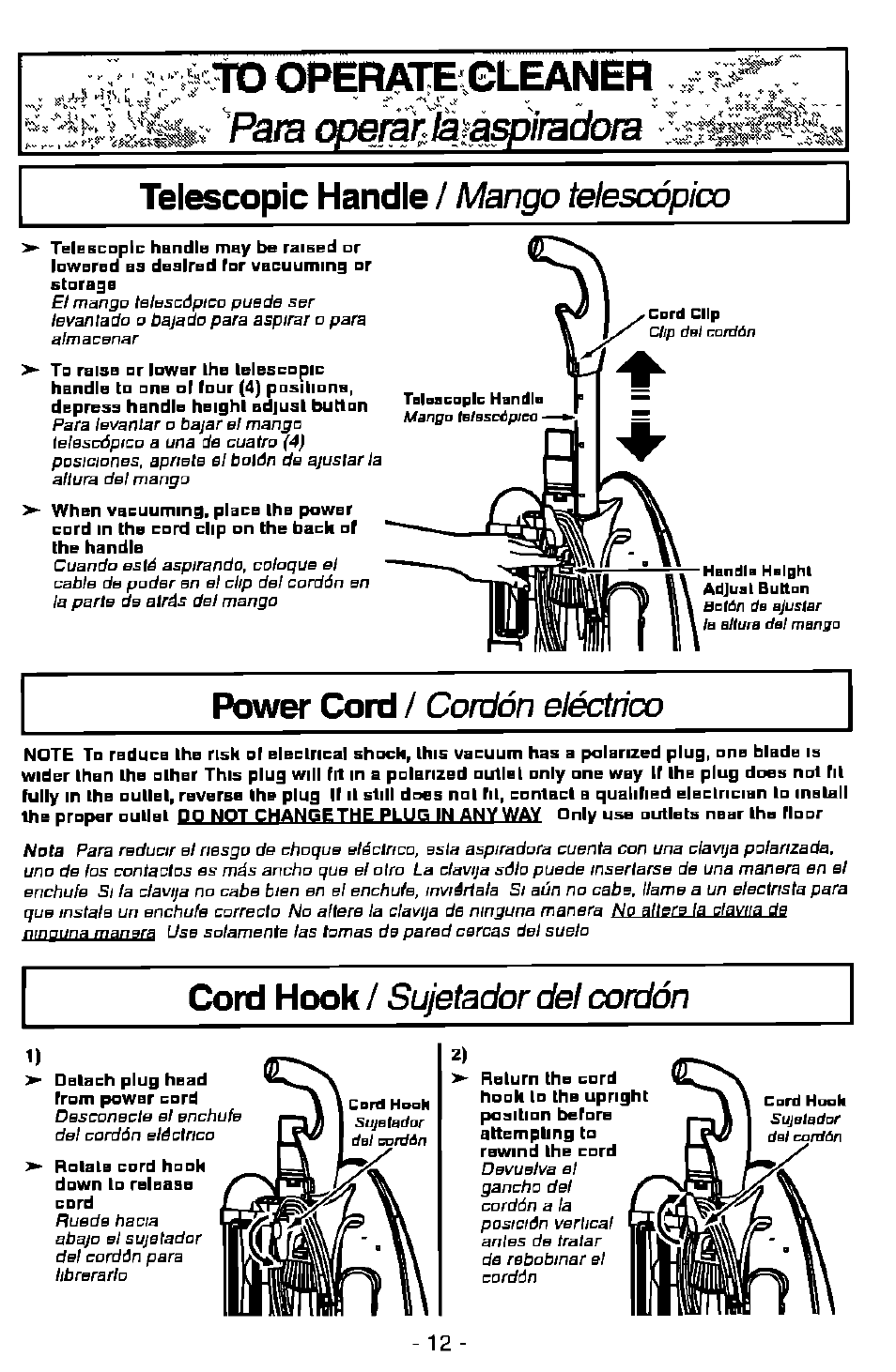 Id operategleaner, Para cper^'làfà^irackxa, Telescopic handle / mango telescòpico | Telescopic handle, Power cord, Cord hook | Panasonic MC-V7501 User Manual | Page 12 / 28