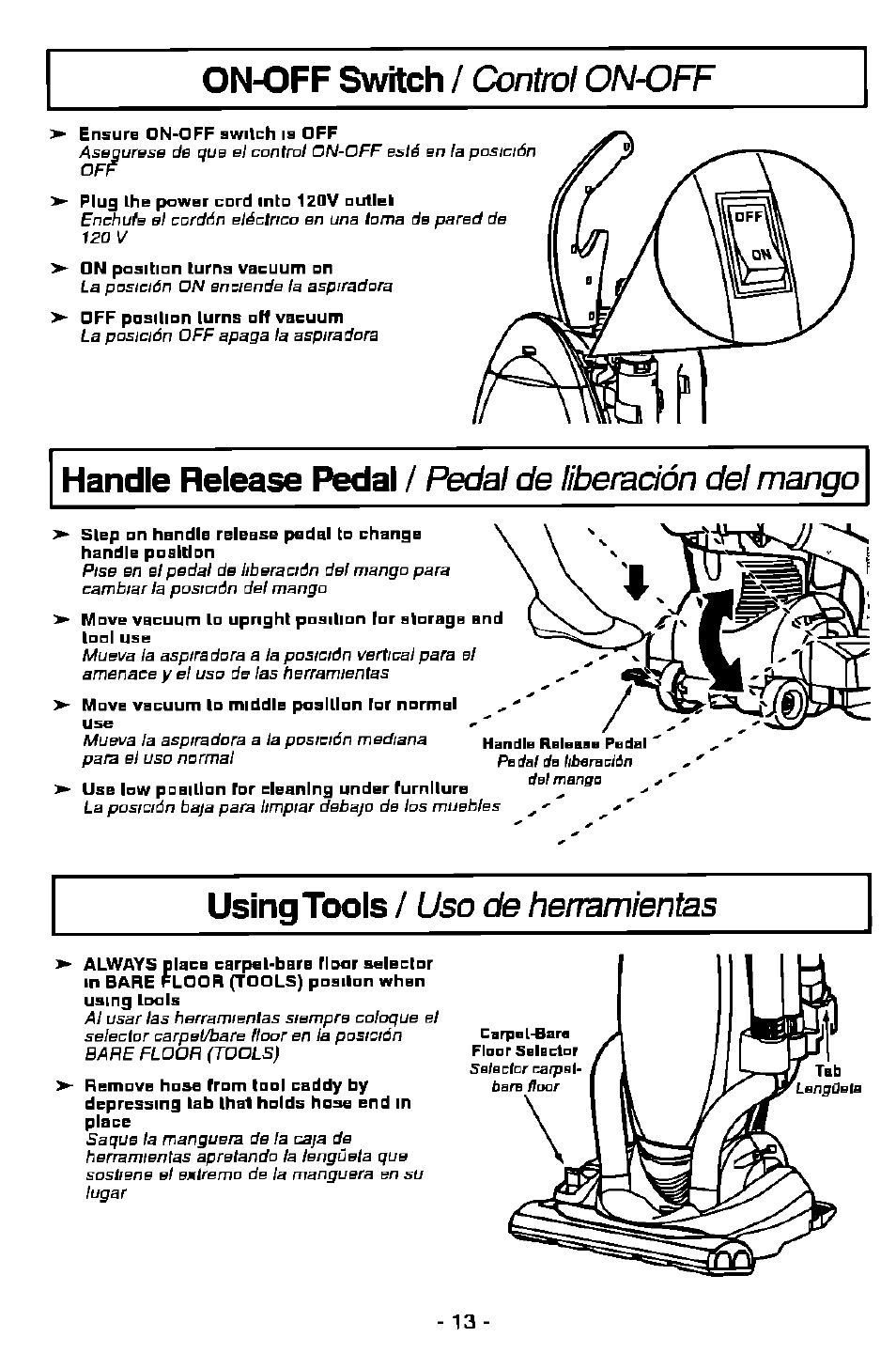 On-off switch / control on-off, On-off switch, Control cn-off | Handle release pedal, Using tools, Control on-off, Pedal de liberación del mango, Uso de herramientas | Panasonic MC-V7501 User Manual | Page 13 / 28