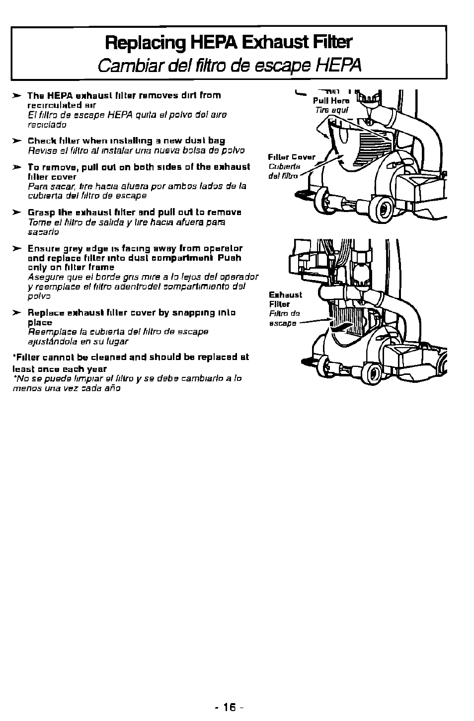 Replacing hepa exhaust rher, Cambiar del filtro de escape hepa | Panasonic MC-V7501 User Manual | Page 16 / 28
