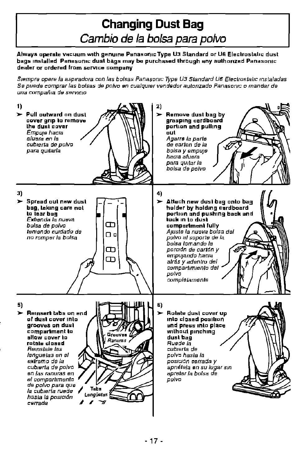 Changing dust bag, Cambio de la bolsa para polvo | Panasonic MC-V7501 User Manual | Page 17 / 28
