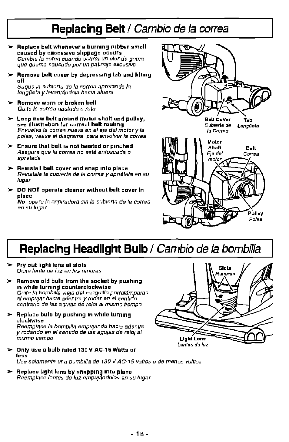Replacing headlight bulb / cambio de la bombilla, Replacing headlight bulb, Cambio de la bombilla | Replacing belt, Cambio de la correa | Panasonic MC-V7501 User Manual | Page 18 / 28