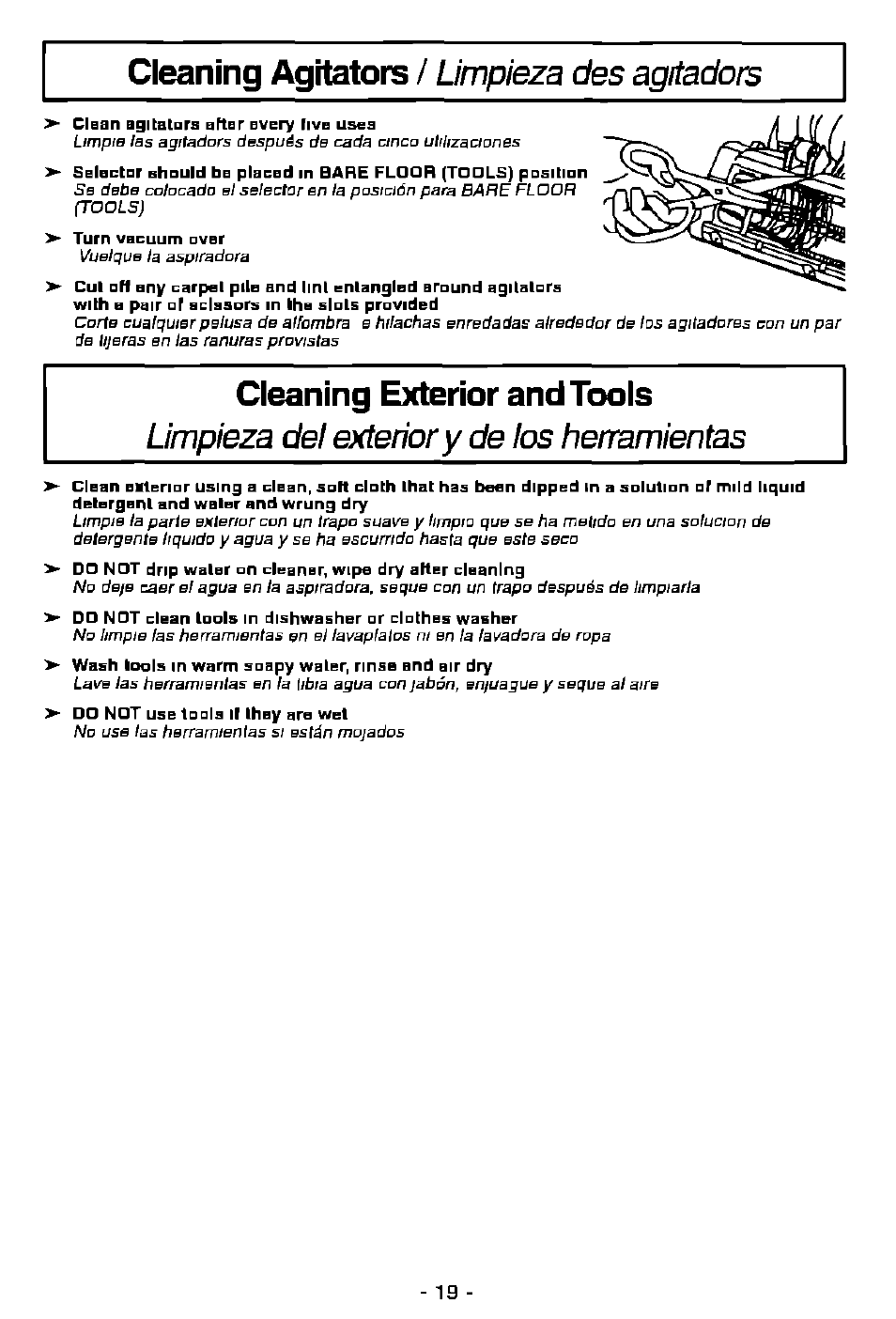 Cleaning exterior and tools, Cleaning agitators | Panasonic MC-V7501 User Manual | Page 19 / 28