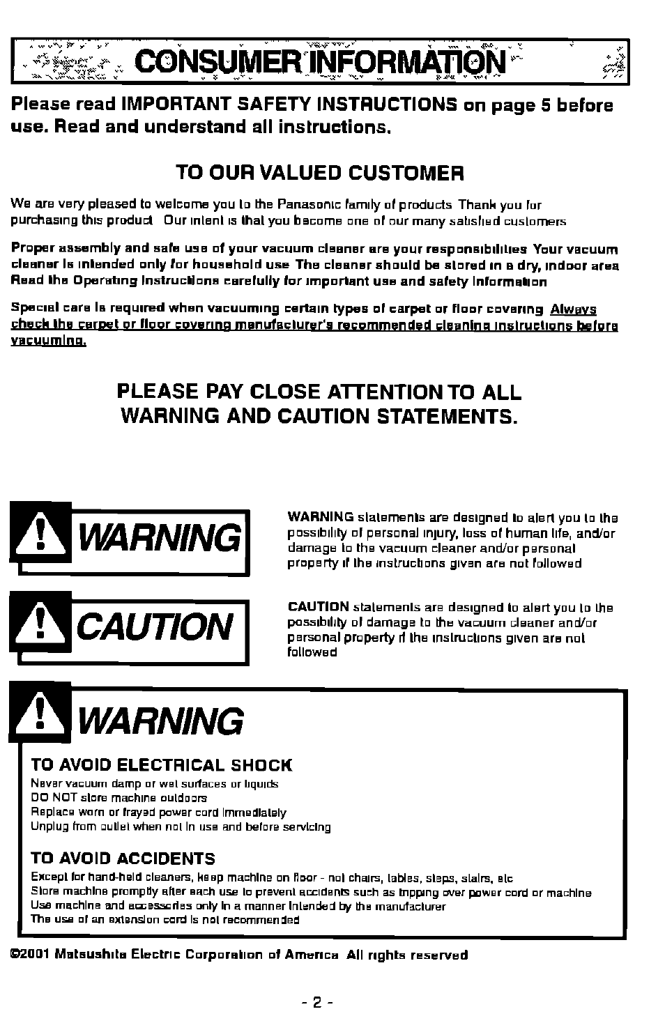 Œnsumer informànôn, To our valued customer, Warning | Caution | Panasonic MC-V7501 User Manual | Page 2 / 28