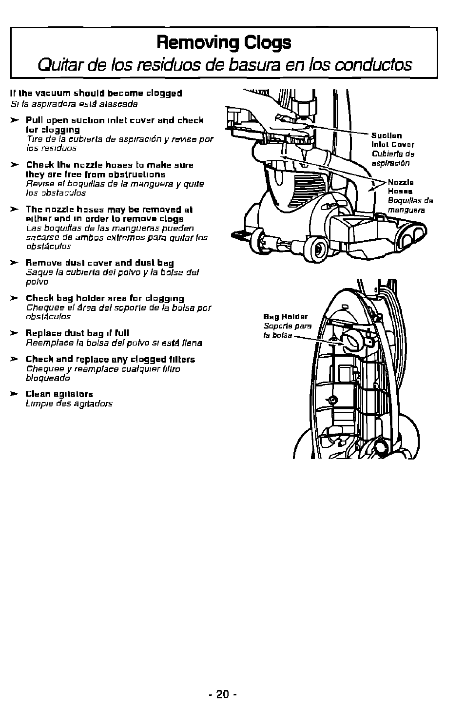 Removing clogs, Quitar de los residuos de basura en los conductos | Panasonic MC-V7501 User Manual | Page 20 / 28