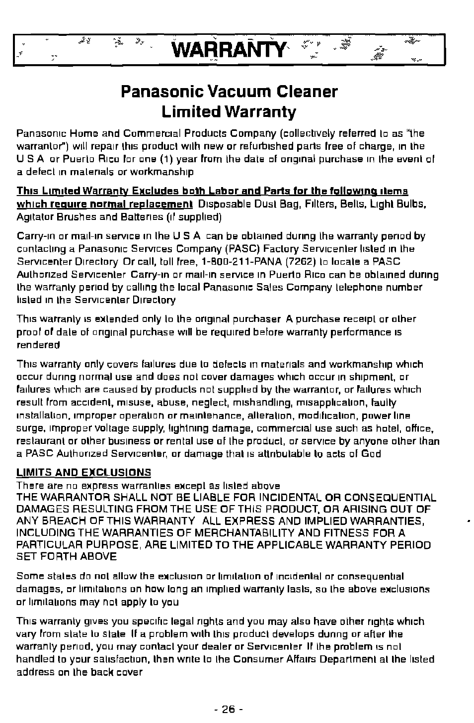 Warranty, Panasonic vacuum cleaner limited warranty | Panasonic MC-V7501 User Manual | Page 26 / 28