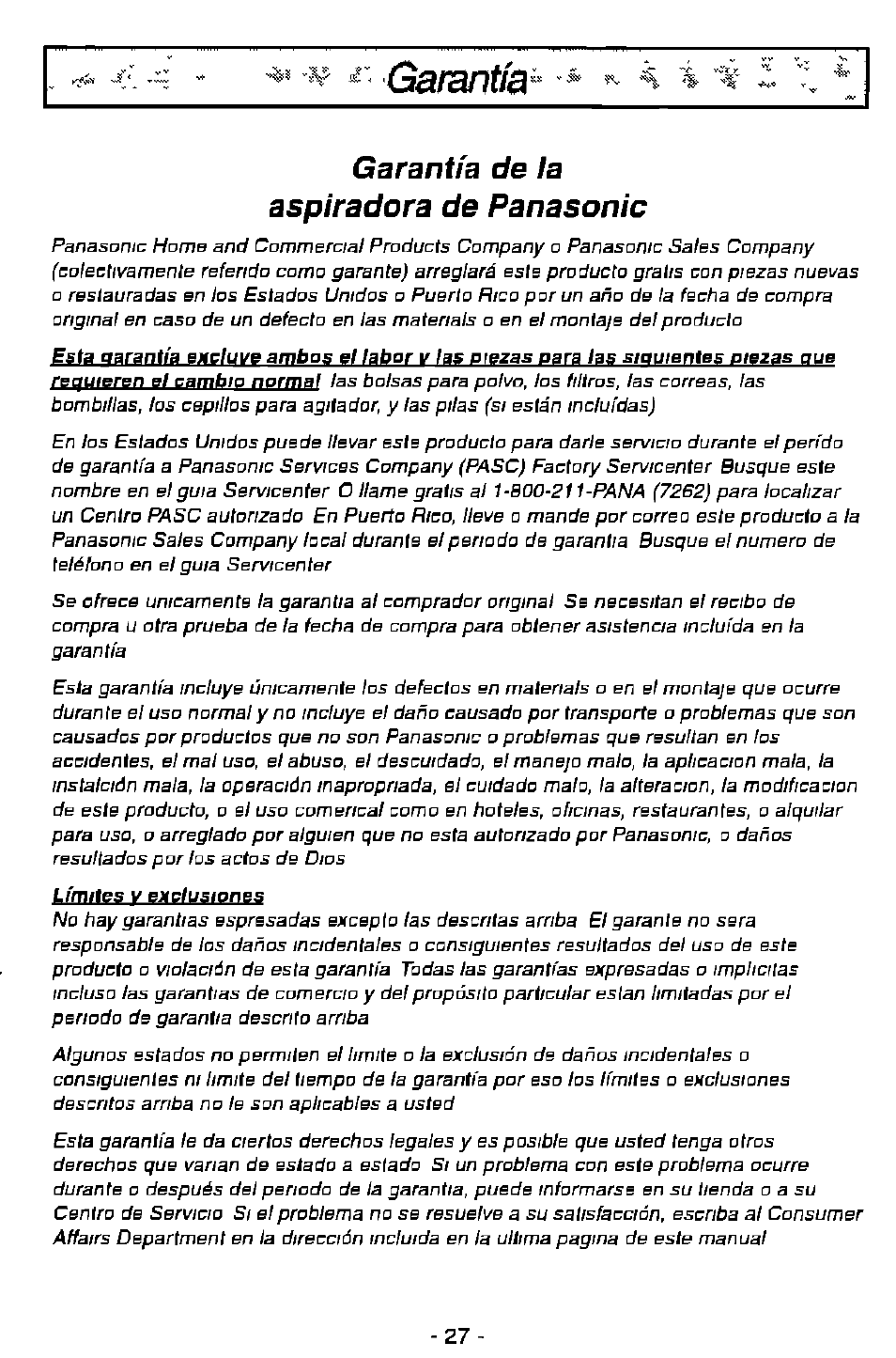 Garantía, Garantfa de la aspiradora de panasonic | Panasonic MC-V7501 User Manual | Page 27 / 28