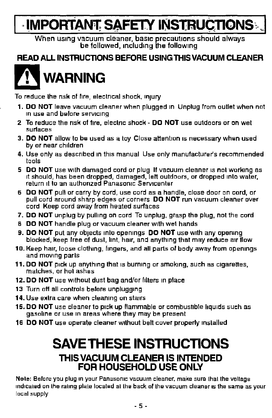 Warning, Savethese instructions, Important safety instrucnons | Panasonic MC-V7501 User Manual | Page 5 / 28