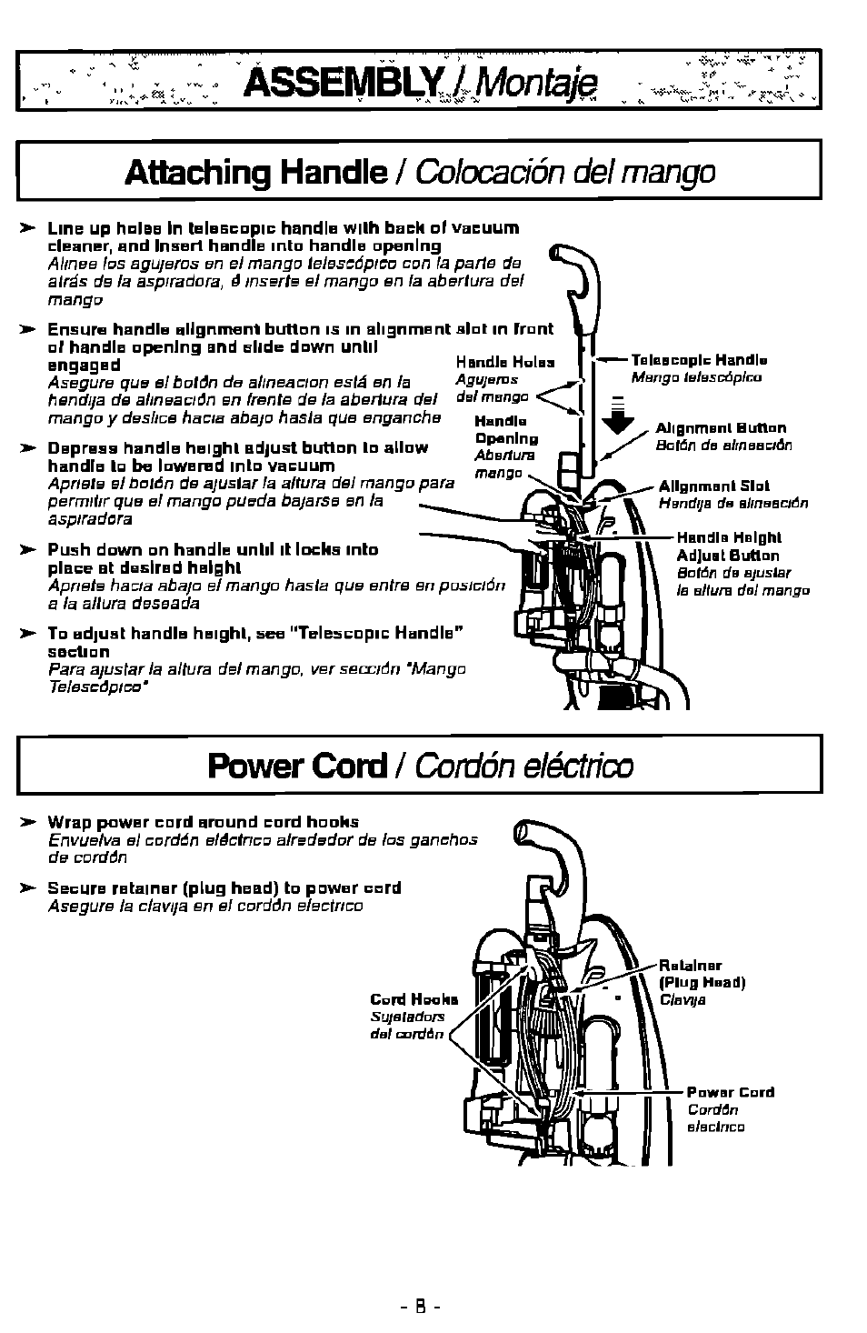 Assemblyi^iwonl, Attaching handle, Colocaáón del mango | Panasonic MC-V7501 User Manual | Page 8 / 28