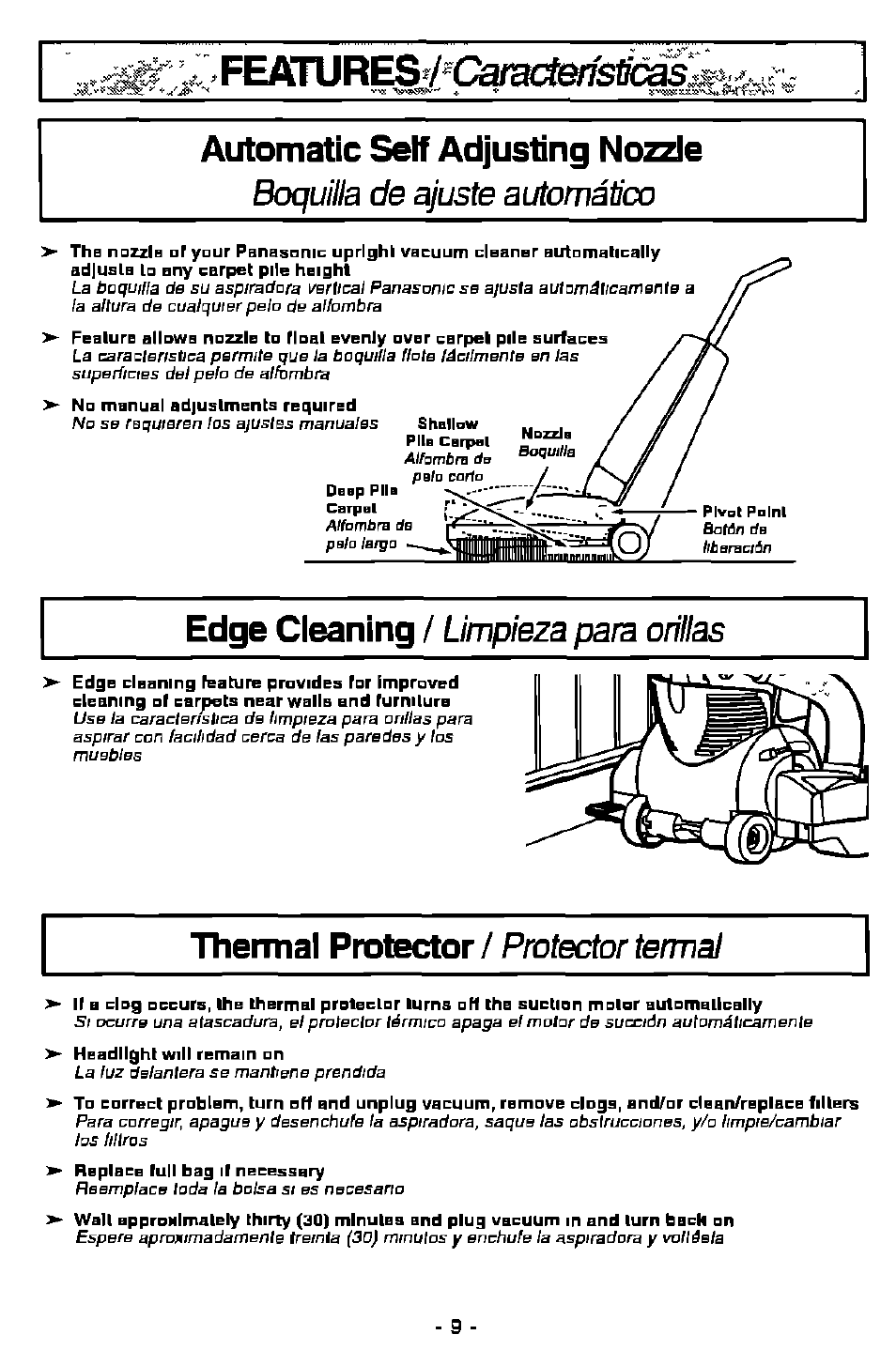 Features^/'cafæ^^^si^i, Automatic self adjusting nozzle, Thermal protector / protector termal | Edge cleaning, Thermal protector | Panasonic MC-V7501 User Manual | Page 9 / 28