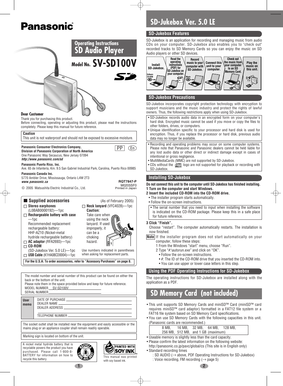 Panasonic SV-SD100V User Manual | 8 pages