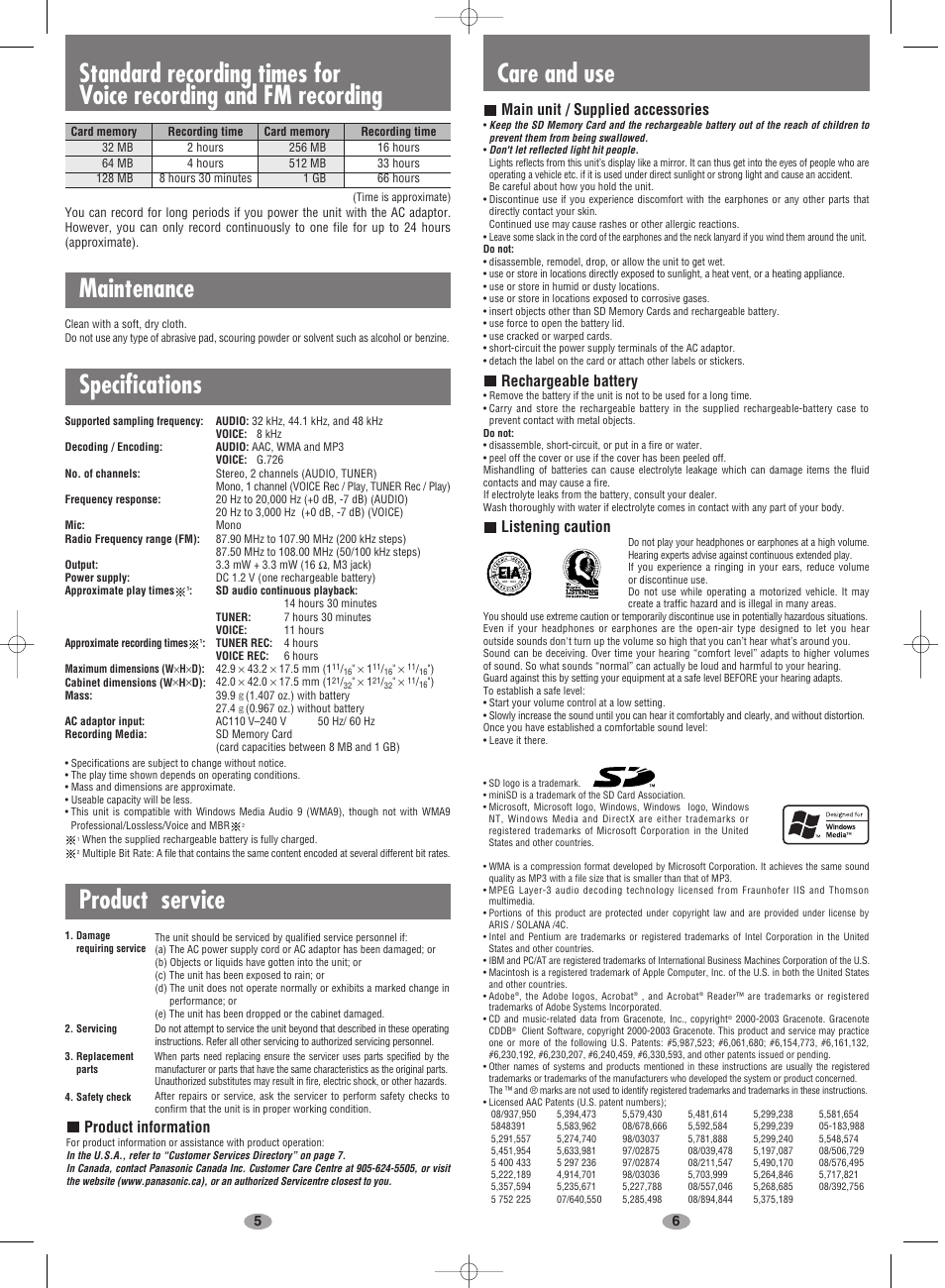 Main unit / supplied accessories, Rechargeable battery, Listening caution | Product information | Panasonic SV-SD100V User Manual | Page 3 / 8