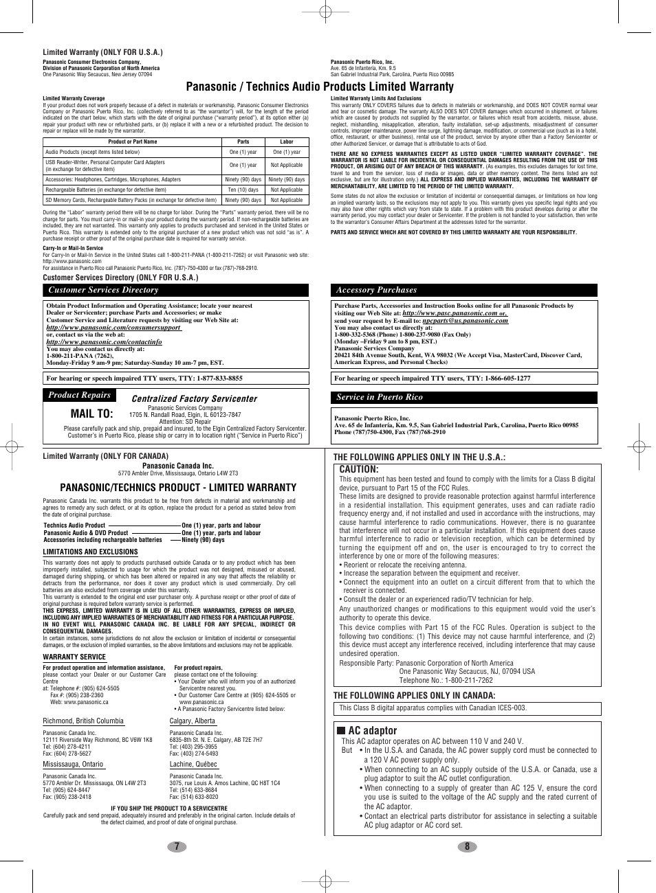 Mail to, Ac adaptor, 78 caution | Panasonic/technics product - limited warranty | Panasonic SV-SD100V User Manual | Page 4 / 8