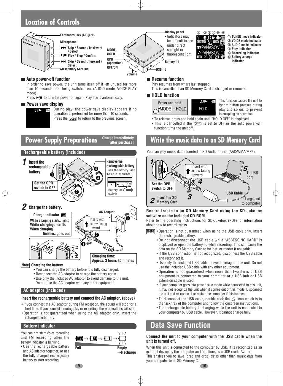 Location of controls, Power supply preparations | Panasonic SV-SD100V User Manual | Page 5 / 8