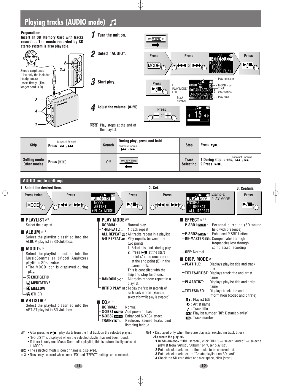 Playing tracks (audio mode), Mode | Panasonic SV-SD100V User Manual | Page 6 / 8