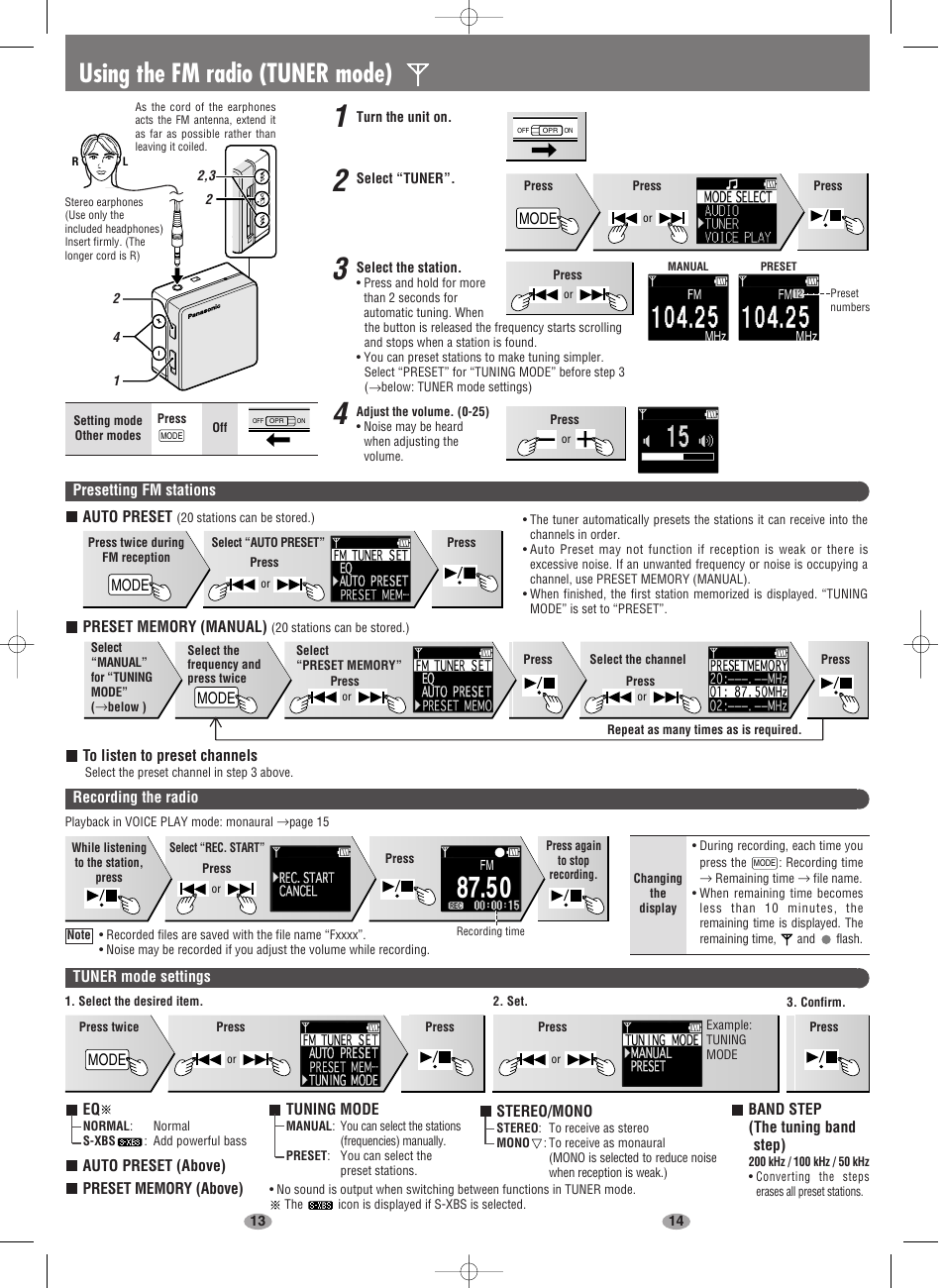 Using the fm radio (tuner mode) | Panasonic SV-SD100V User Manual | Page 7 / 8