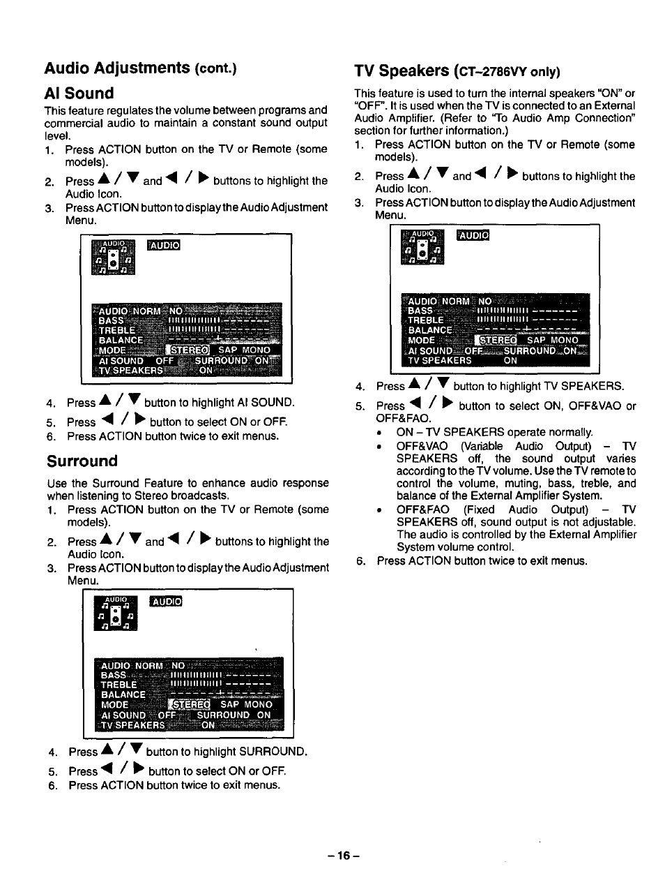 Audio adjustments, Alsound, Surround | Tv speakers, Treble iiitnilimilm, Cont.), 2786vy only) | Panasonic CT-2786VYD User Manual | Page 16 / 24
