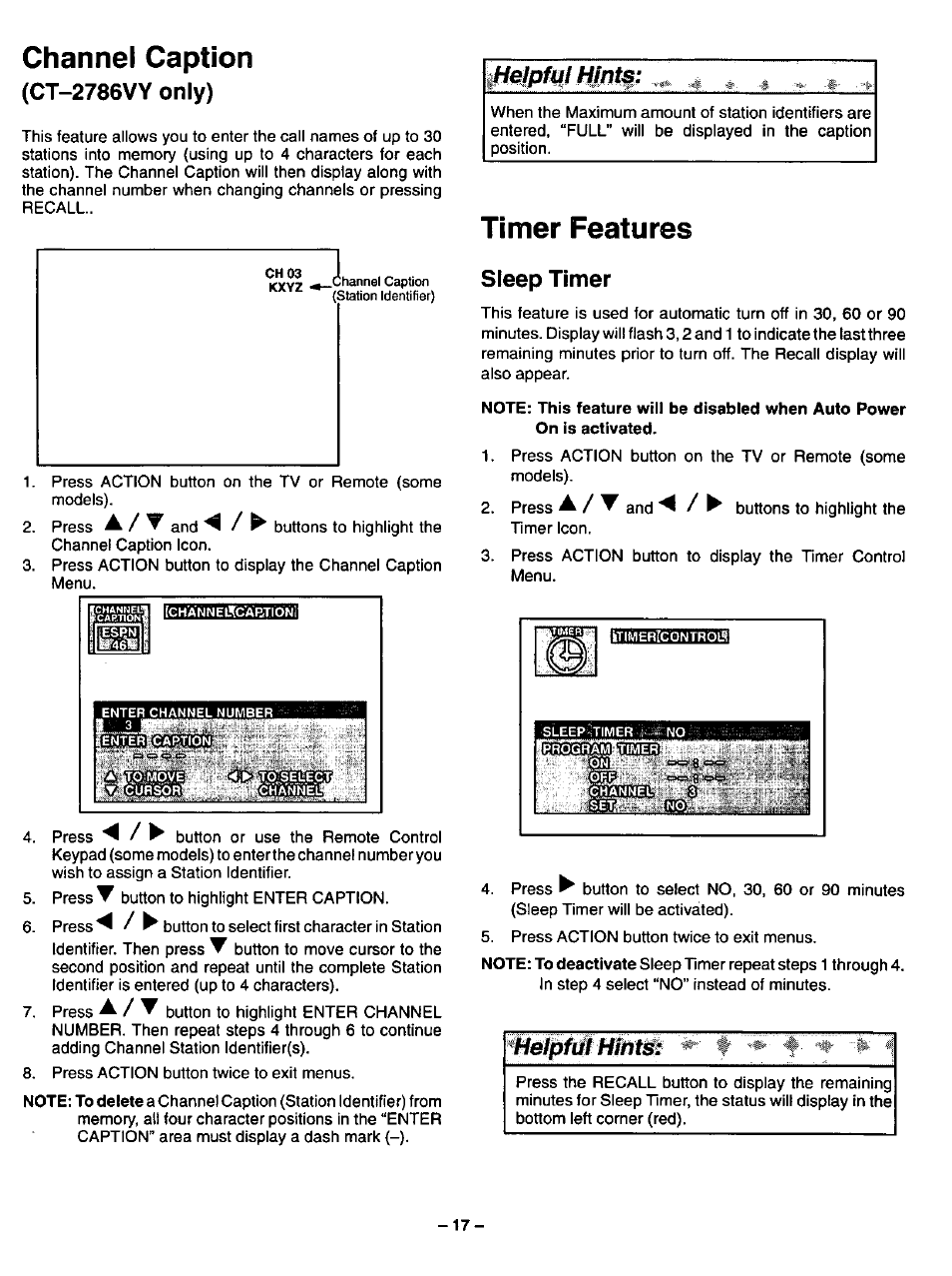 Channel caption, Timer features, Ct-2786vy only) | Hints, Sleep timer | Panasonic CT-2786VYD User Manual | Page 17 / 24
