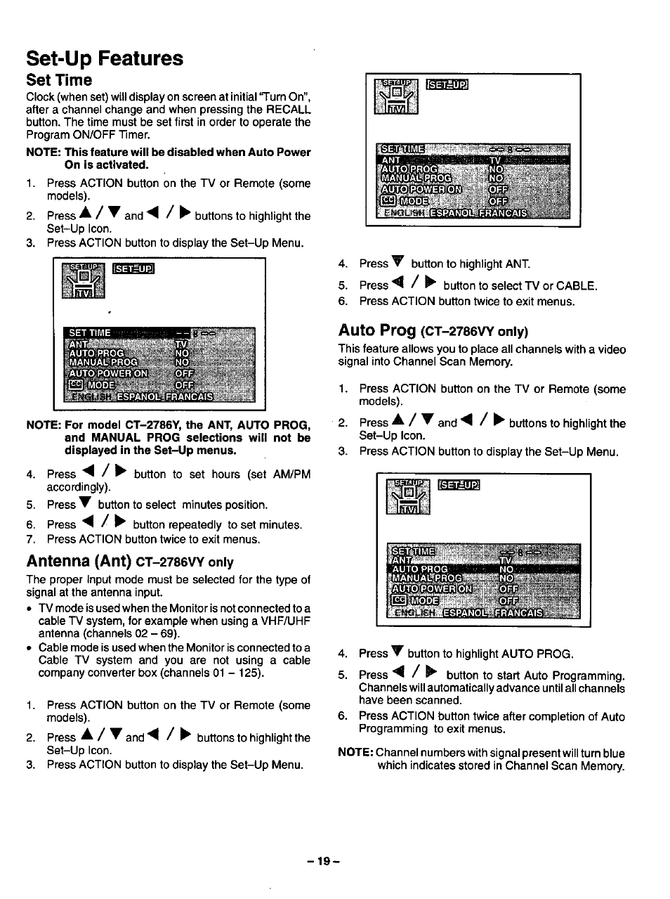 Set-up features, Set time, Antenna (ant) | Auto prog | Panasonic CT-2786VYD User Manual | Page 19 / 24