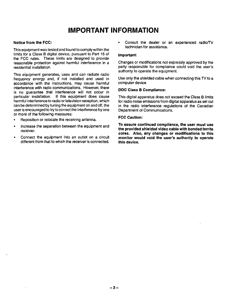 Important information, Notice from the fcc, Important | Fcc caution | Panasonic CT-2786VYD User Manual | Page 2 / 24