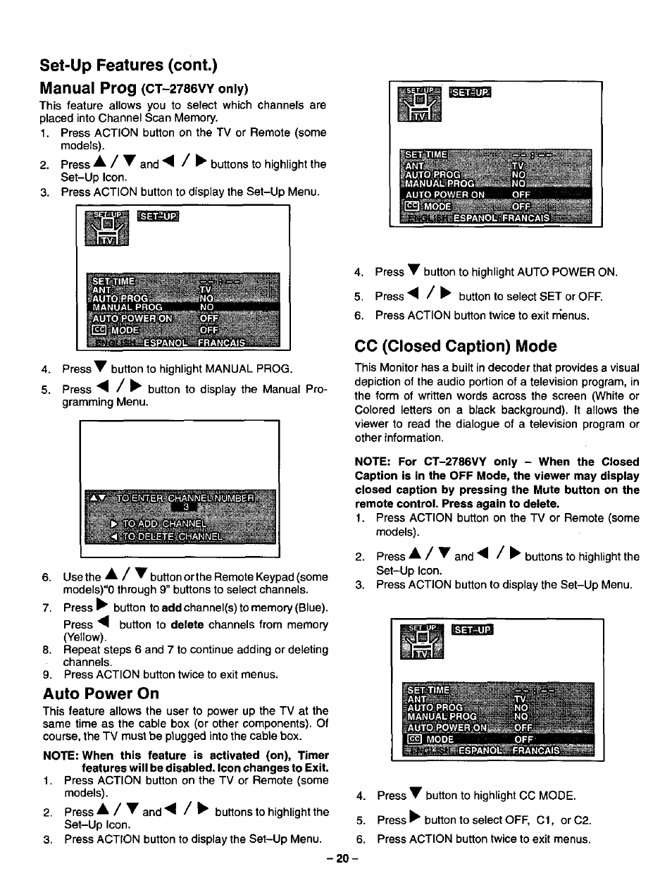 Set-up features (cent.) manual prog, Auto power on, Cc (closed caption) mode | Panasonic CT-2786VYD User Manual | Page 20 / 24