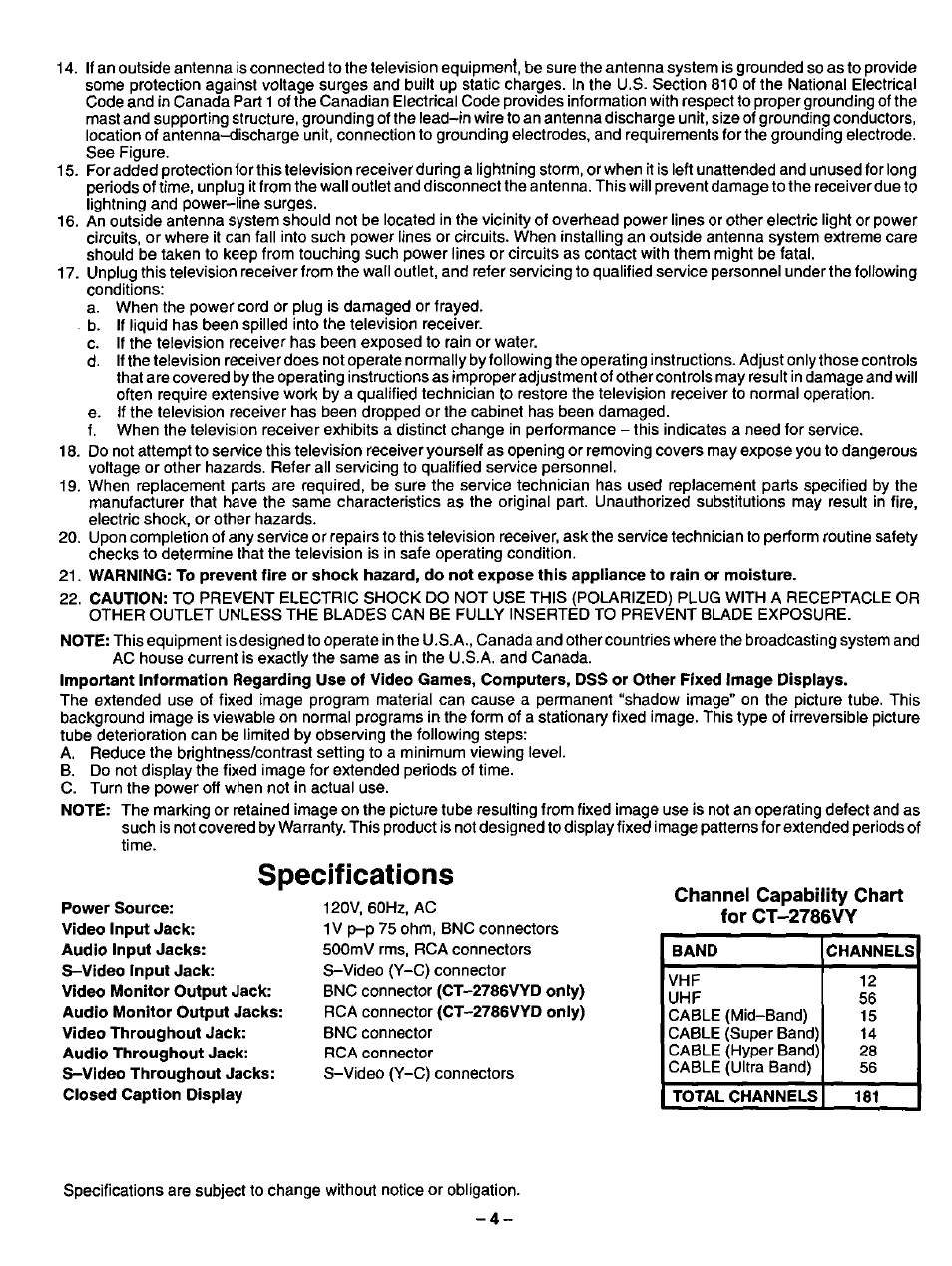 Channel capability chart for ct-2786vy, Specifications | Panasonic CT-2786VYD User Manual | Page 4 / 24