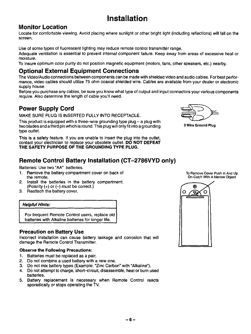 Instaoiation, Precaution on battery use, Installation | Monitor location, Optional external equipment connections, Power supply cord | Panasonic CT-2786VYD User Manual | Page 6 / 24