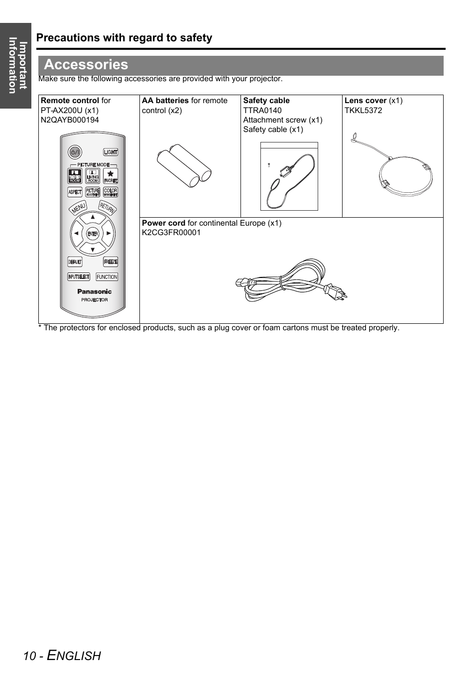 Accessories, Nglish | Panasonic PT-AX200U User Manual | Page 10 / 54