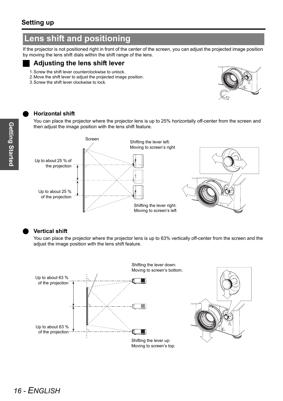 Lens shift and positioning, Nglish, Setting up | Jadjusting the lens shift lever | Panasonic PT-AX200U User Manual | Page 16 / 54