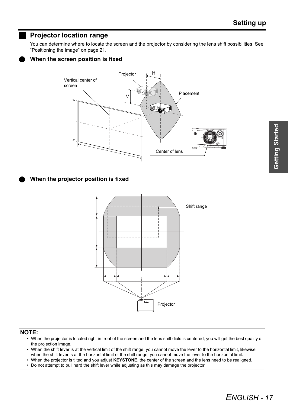 Nglish - 17, Setting up, Jprojector location range | Panasonic PT-AX200U User Manual | Page 17 / 54
