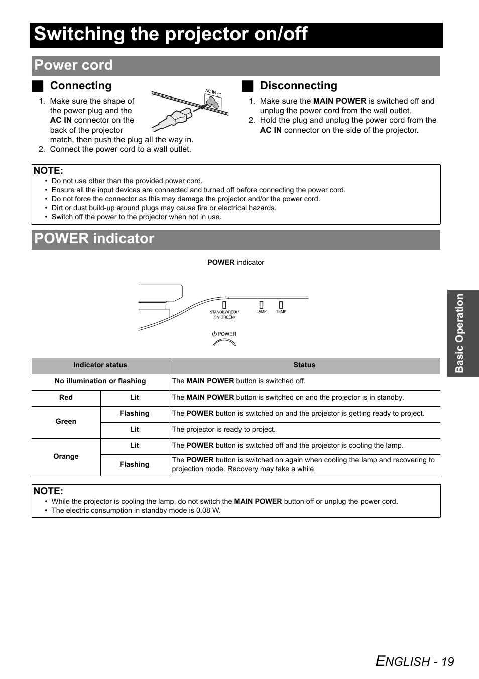 Switching the projector on/off, Power cord, Power indicator | Power cord power indicator, Nglish - 19, Jconnecting, Jdisconnecting | Panasonic PT-AX200U User Manual | Page 19 / 54