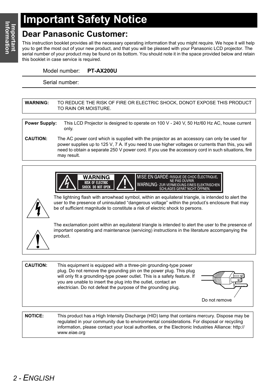 Important safety notice, Dear panasonic customer, Nglish | Panasonic PT-AX200U User Manual | Page 2 / 54