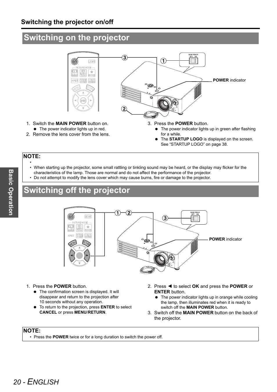 Switching on the projector, Switching off the projector, Nglish | Switching the projector on/off | Panasonic PT-AX200U User Manual | Page 20 / 54