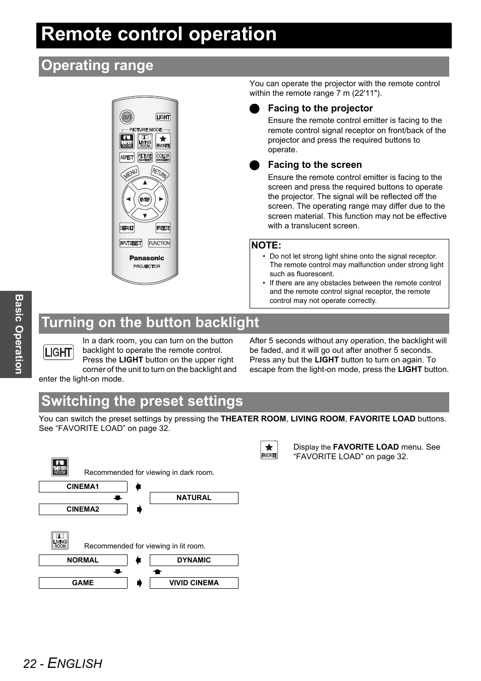 Remote control operation, Operating range, Turning on the button backlight | Switching the preset settings, Nglish | Panasonic PT-AX200U User Manual | Page 22 / 54