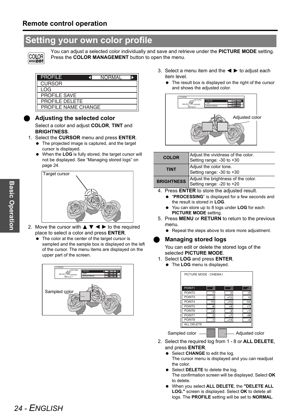 Setting your own color profile, Nglish, Remote control operation | Basi c op eration, Qadjusting the selected color, Qmanaging stored logs | Panasonic PT-AX200U User Manual | Page 24 / 54