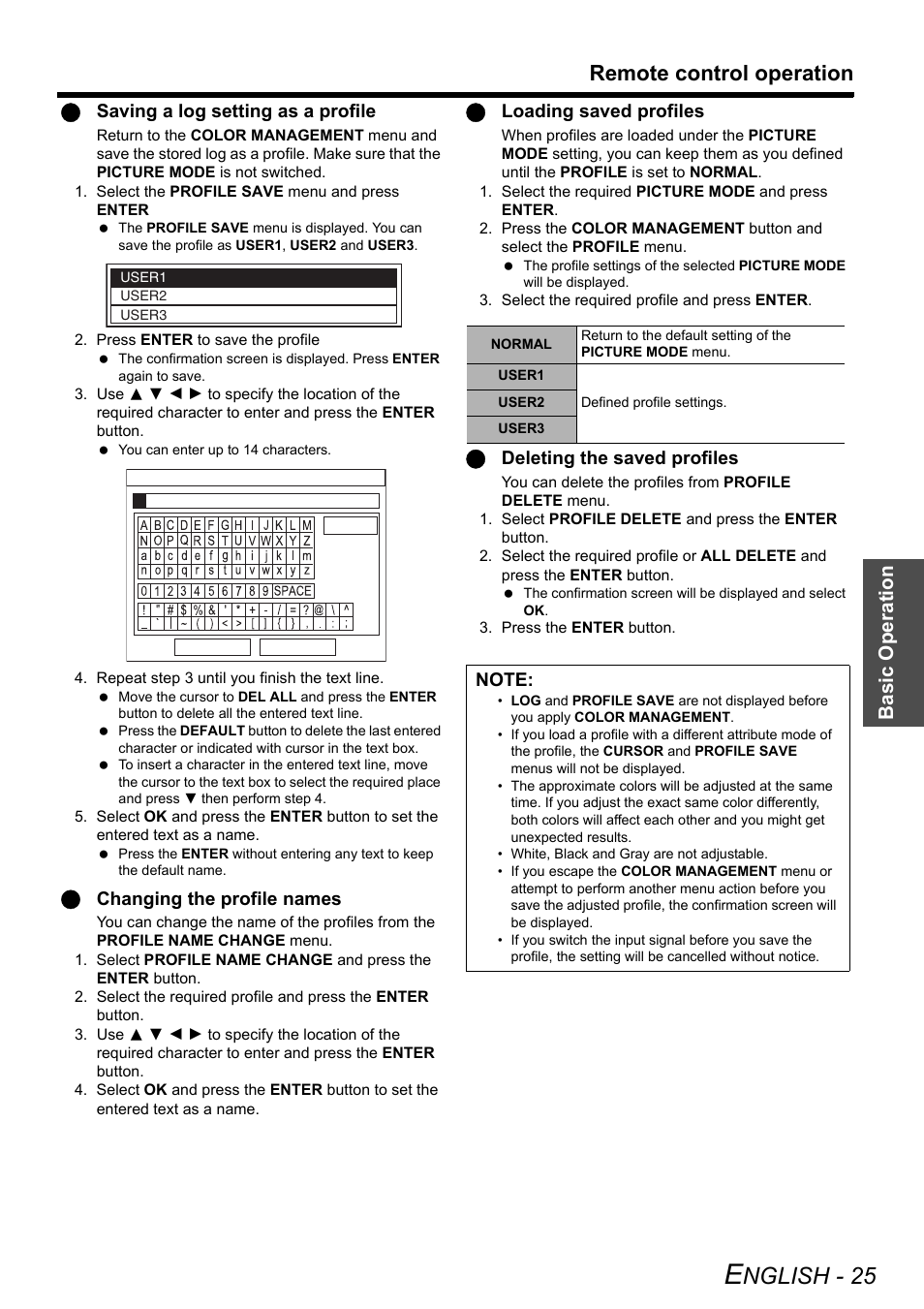 Nglish - 25, Remote control operation, Basic o p eration | Qsaving a log setting as a profile, Qchanging the profile names, Qloading saved profiles, Qdeleting the saved profiles | Panasonic PT-AX200U User Manual | Page 25 / 54