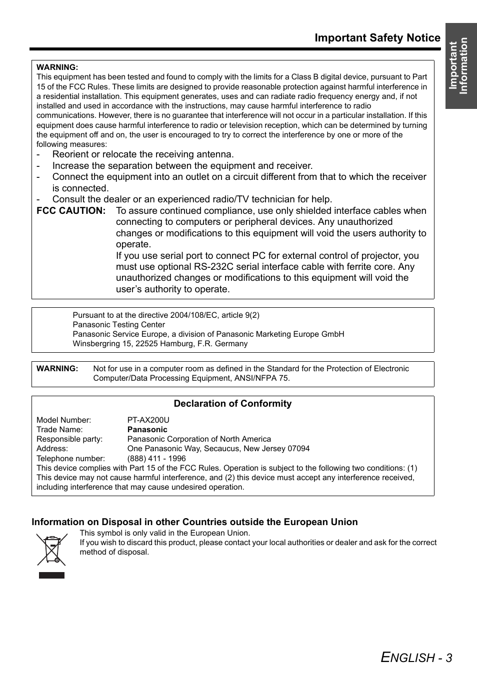 Nglish - 3, Important safety notice | Panasonic PT-AX200U User Manual | Page 3 / 54