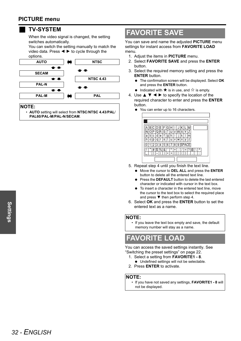 Favorite save, Favorite load, Favorite save favorite load | Nglish, Picture menu, Jtv-system, Settings | Panasonic PT-AX200U User Manual | Page 32 / 54