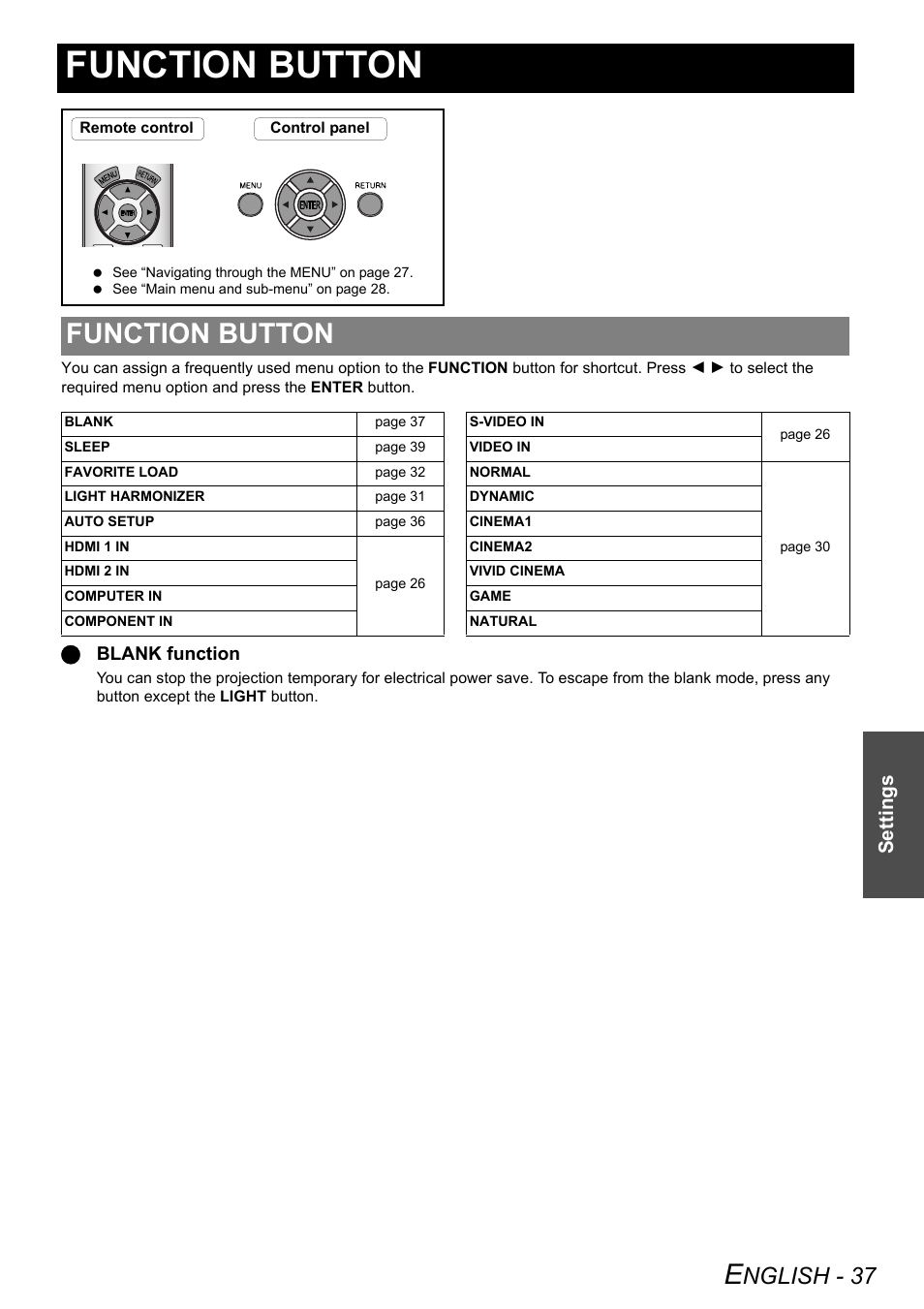 Function button, Nglish - 37, Settings | Panasonic PT-AX200U User Manual | Page 37 / 54