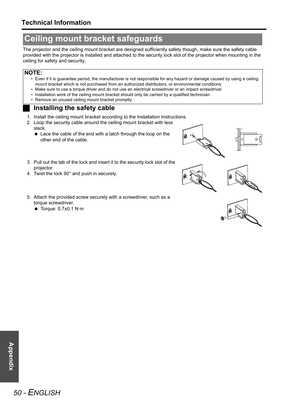 Ceiling mount bracket safeguards, Nglish, Technical information | Jinstalling the safety cable | Panasonic PT-AX200U User Manual | Page 50 / 54