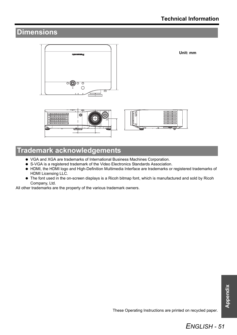 Dimensions, Trademark acknowledgements, Dimensions trademark acknowledgements | Nglish - 51, Technical information, Appendix | Panasonic PT-AX200U User Manual | Page 51 / 54