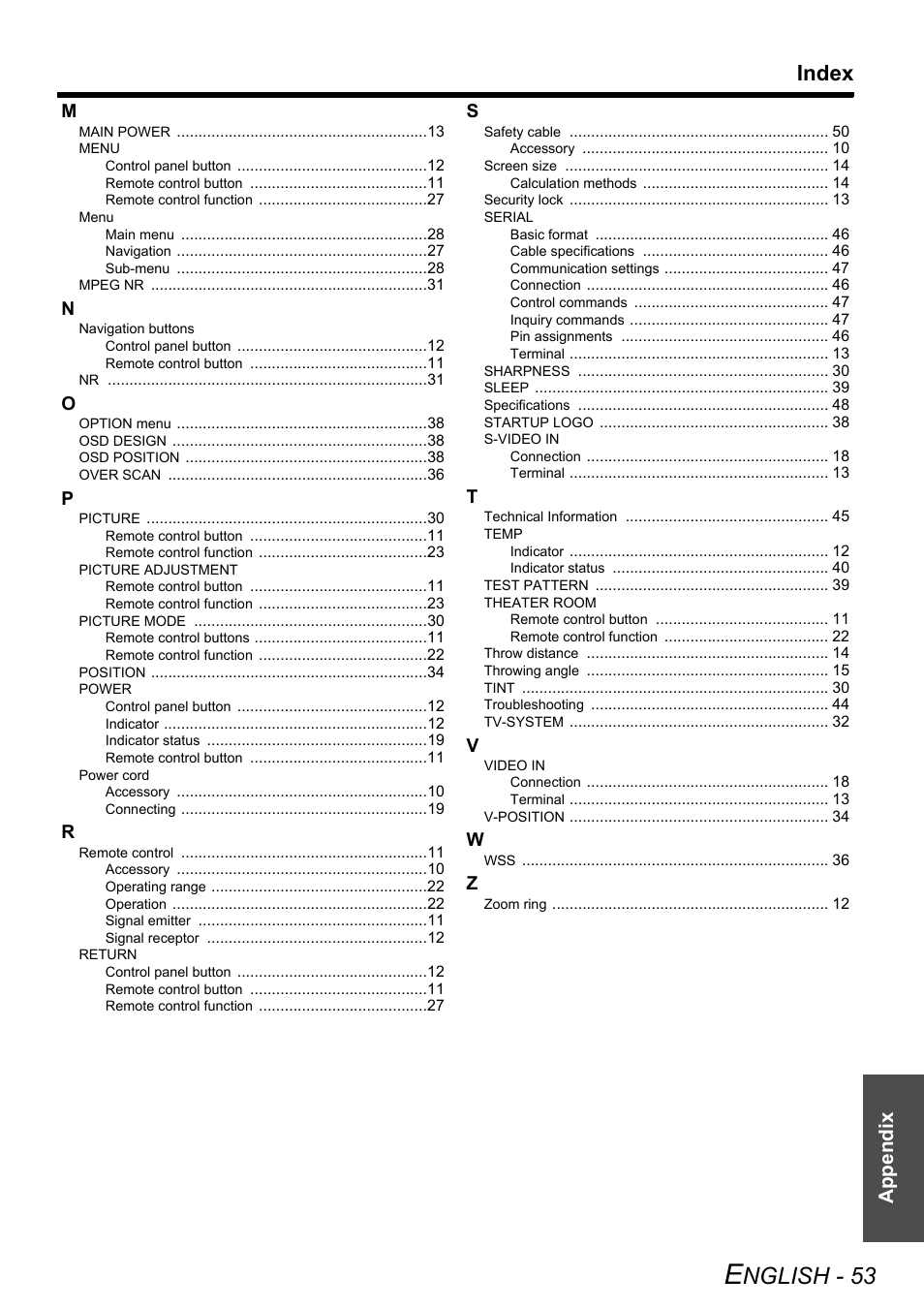 Nglish - 53, Index, Appendix | Panasonic PT-AX200U User Manual | Page 53 / 54