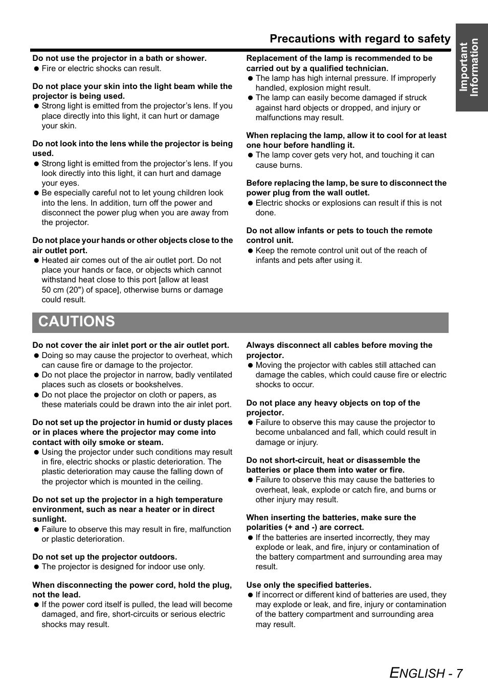 Cautions, Nglish - 7, Precautions with regard to safety | Important information | Panasonic PT-AX200U User Manual | Page 7 / 54