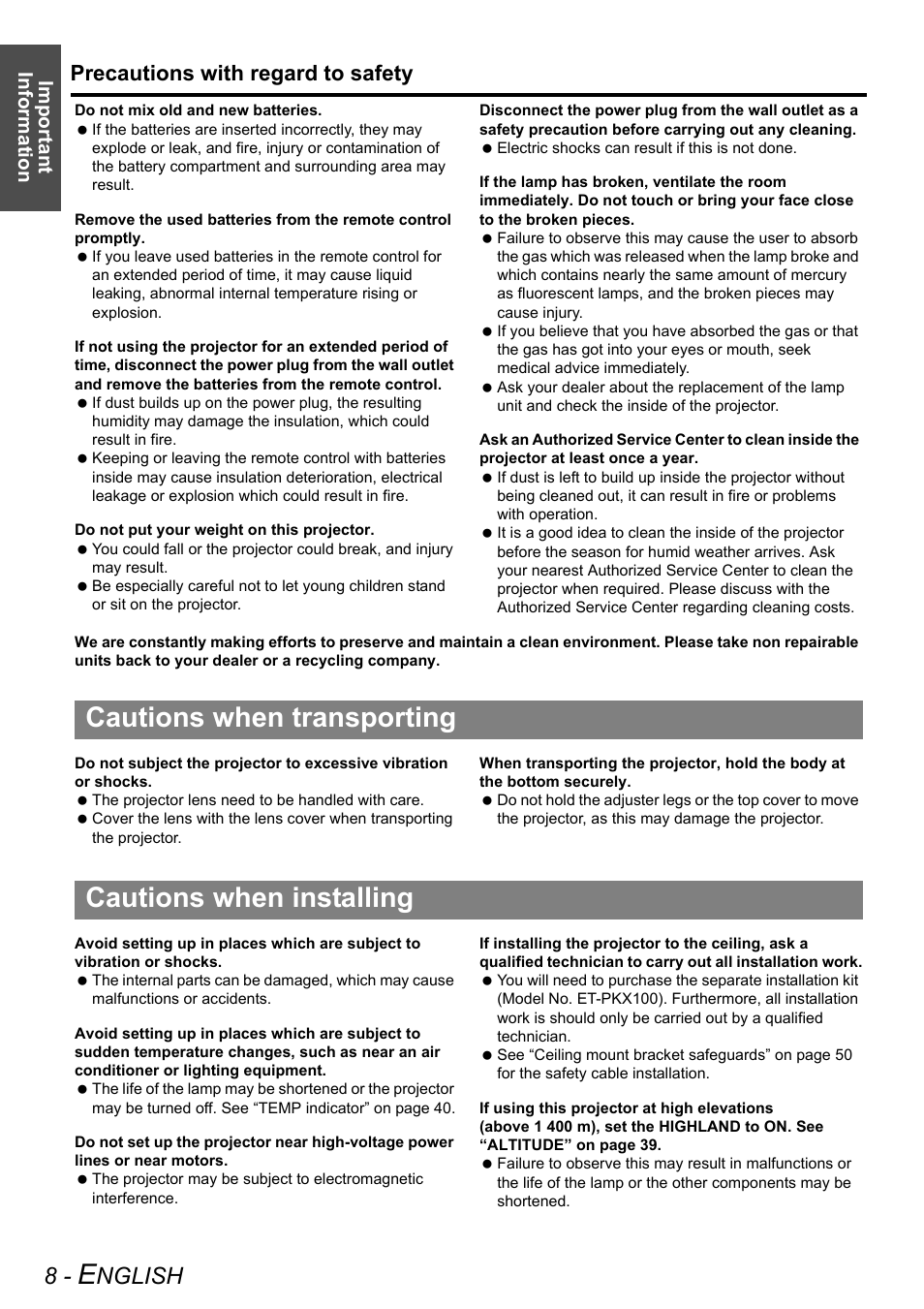 Cautions when transporting, Cautions when installing, Nglish | Precautions with regard to safety, Important information | Panasonic PT-AX200U User Manual | Page 8 / 54
