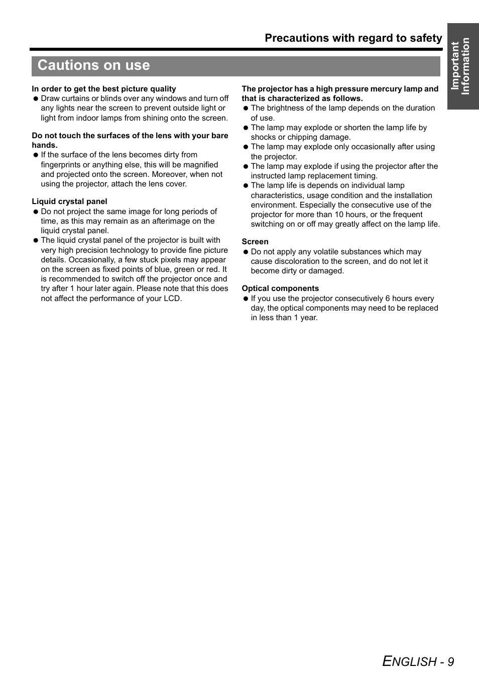Cautions on use, Nglish - 9, Precautions with regard to safety | Panasonic PT-AX200U User Manual | Page 9 / 54
