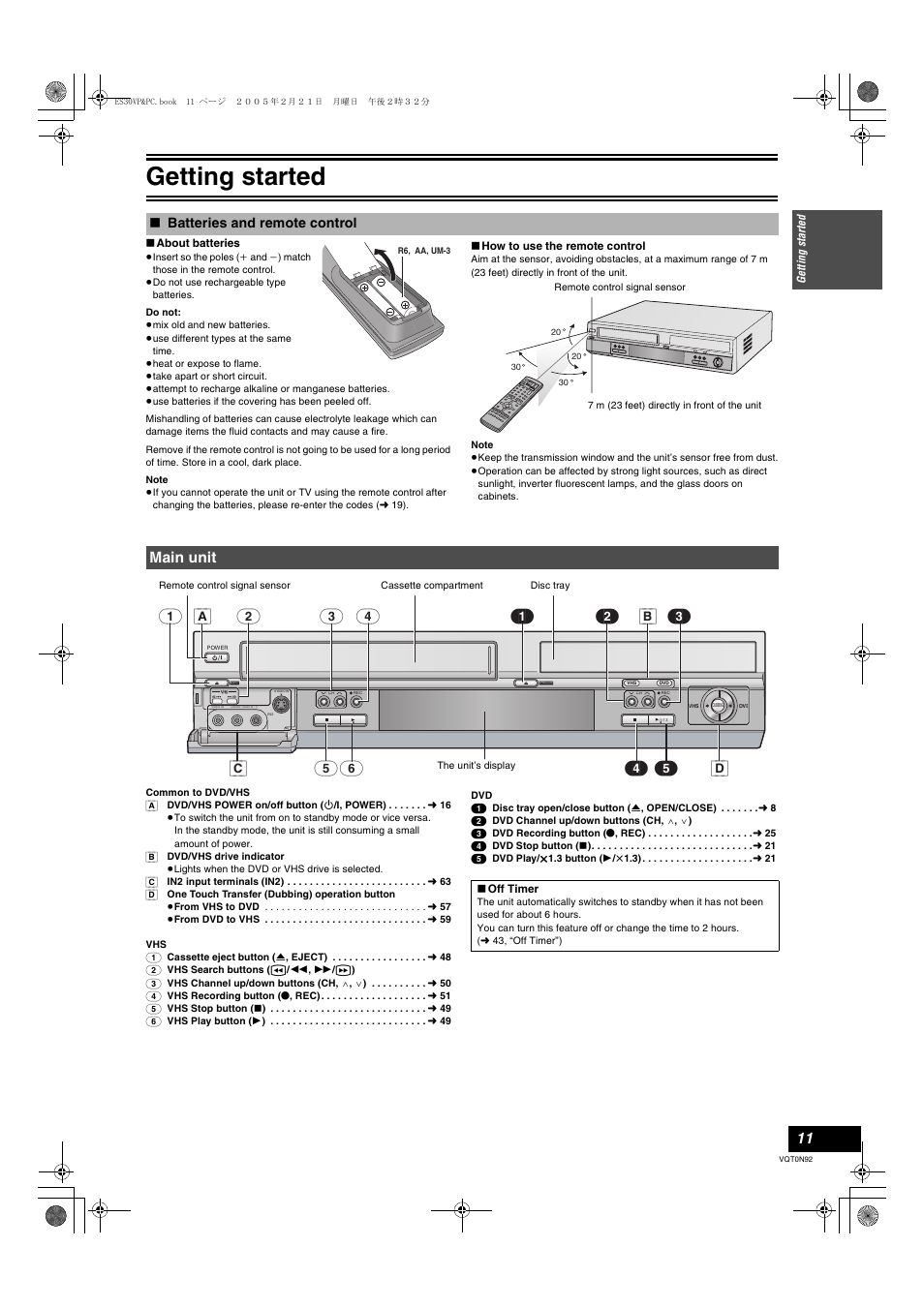 Main unit, Batteries and remote control, Getting started | Panasonic DMR-ES30V User Manual | Page 11 / 84