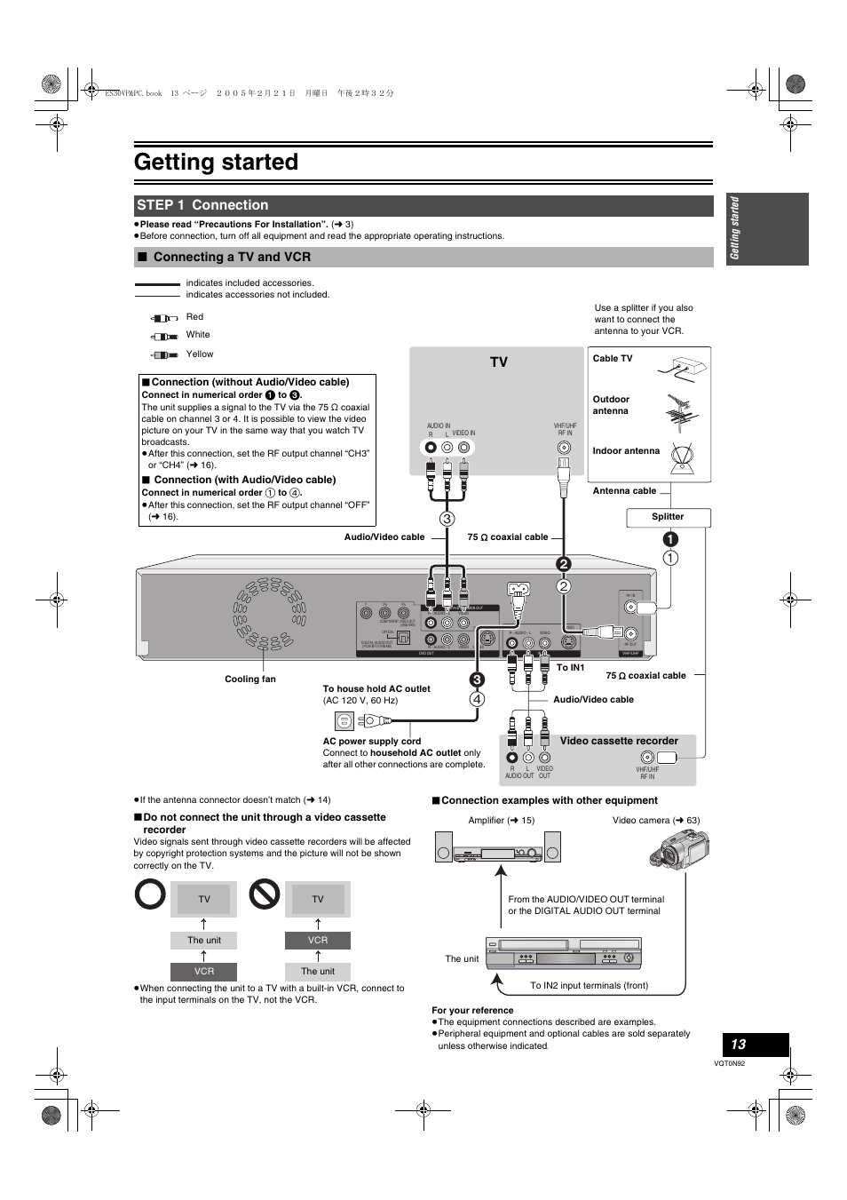 Step 1 connection, Connecting a tv and vcr, Getting started | Panasonic DMR-ES30V User Manual | Page 13 / 84