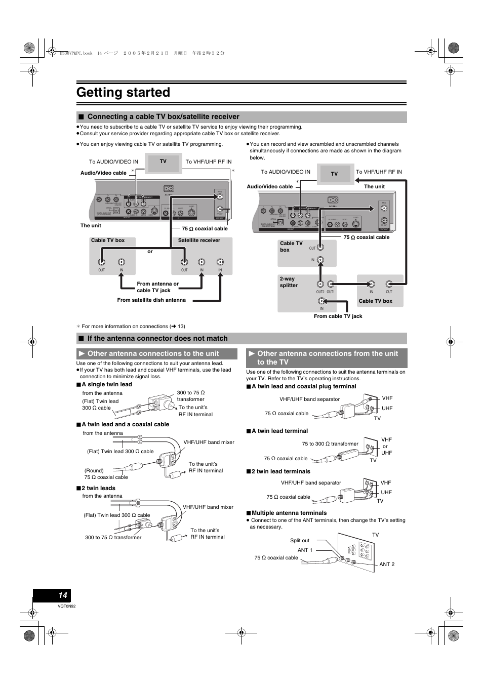 L 14), Getting started, Connecting a cable tv box/satellite receiver | Panasonic DMR-ES30V User Manual | Page 14 / 84